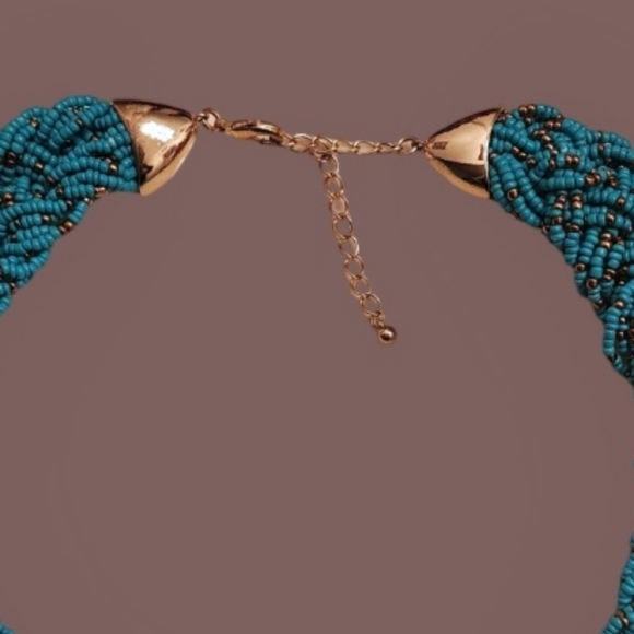 Beaded Braided Statement Turquoise Blue Necklace - Picture 3 of 4